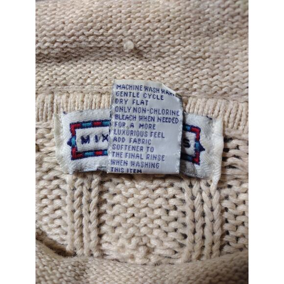 Vintage Mixed Blues Shepherds Sweater Cream Cotton Blend M Cable Jacquard Knit - Picture 3 of 10